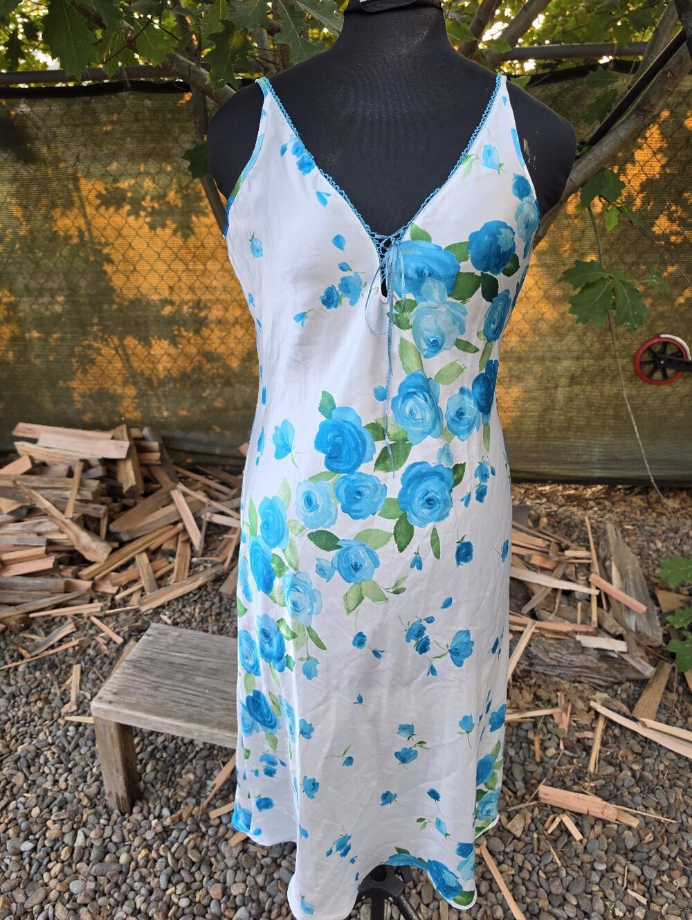 Vtg 90's White Blue Floral Satin Slip Dress Midi Coquette Y2K Grunge Sleek Fairy